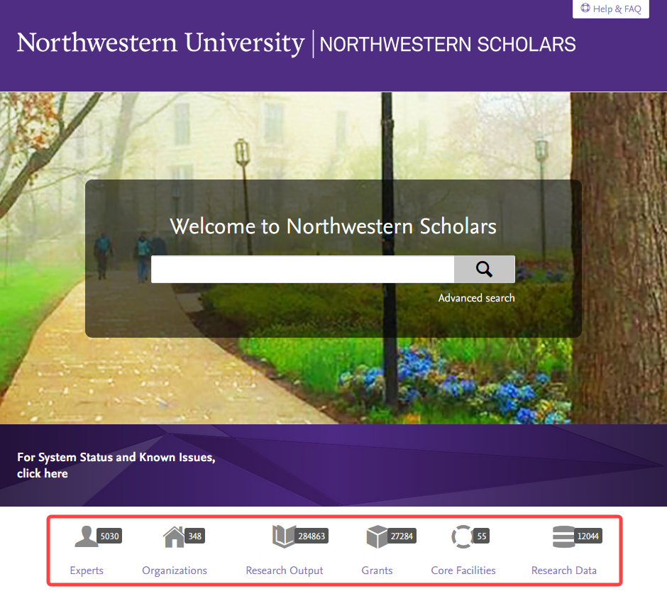 screenshot of search page on NU Scholars